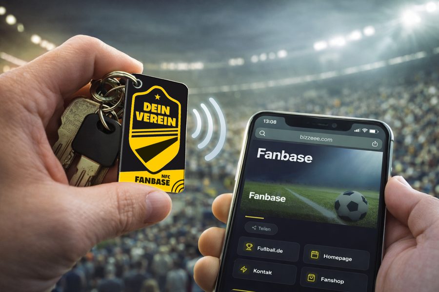 NFC-Scan des FanTAG Schlüsselanhängers am Smartphone im Stadion